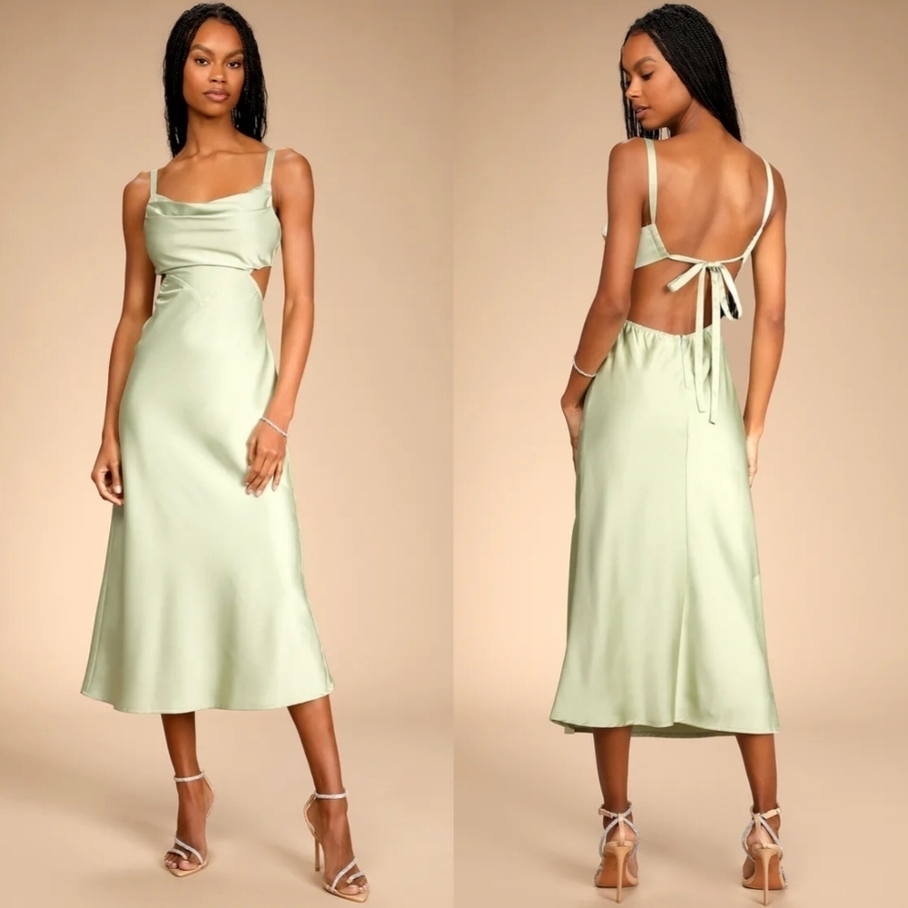Lulus Stun to Remember Sage Green Satin Cowl Neck Cutout Midi Dress M Wedding